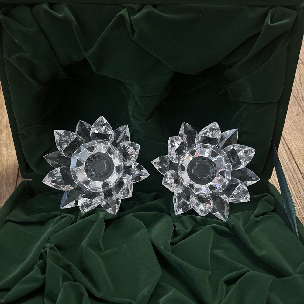 Smith‎ Hawken Crystal Lotus Flower Candle Holders Set In Velvet Box Luxury
